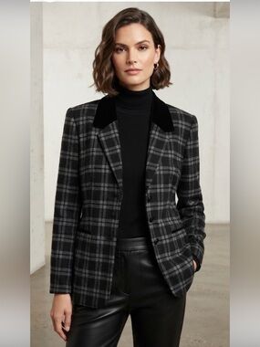 Vintage Kasper ASL plaid black gray blazer with velvet collar
